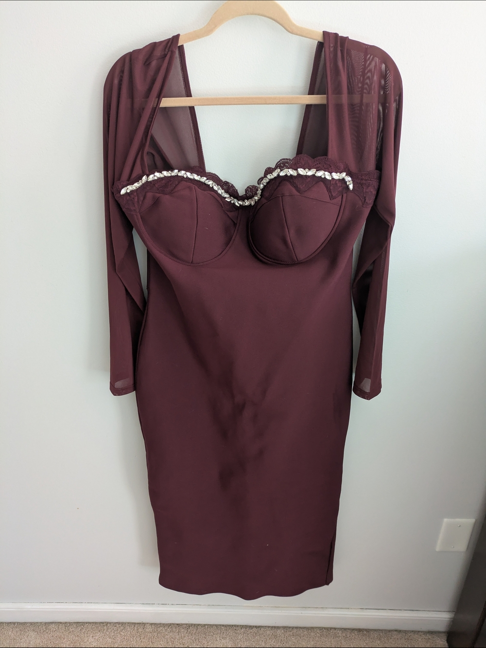 Wine Burgundy Bodycon Dress with Sheer Sleeves